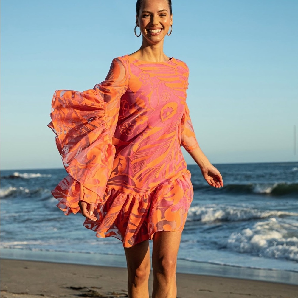 Trina Turk Resort Collection 2022 Vibrant Orange and Pink Ruffle Dress